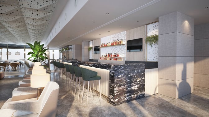 The Plaza Premium Bosphorus Lounge features a bar with high stools and a variety of spirits on display.