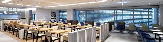 The MATINA Lounge West at Seoul Incheon Airport features a spacious seating area with tables and chairs near Gate 43.
