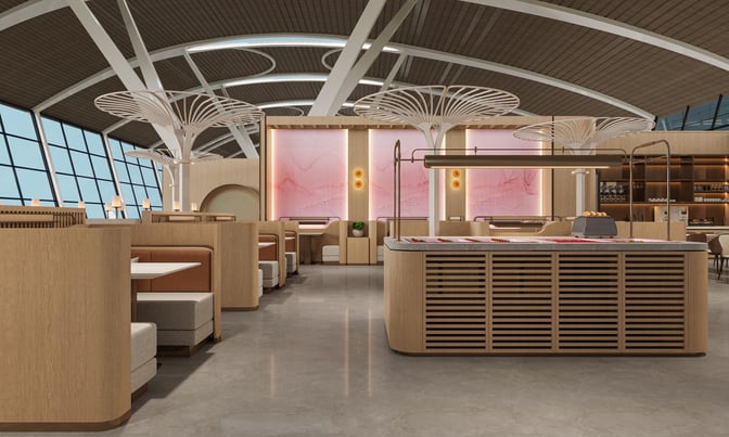Booth seating and a self-serve food station are featured in Juneyao Airlines' 72nd VIP Lounge at Shanghai Pudong International Airport.