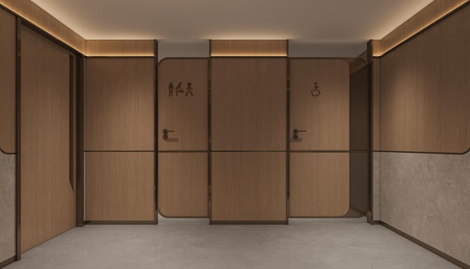 The restroom area in Juneyao Airlines 72nd VIP Lounge at Shanghai Pudong International Airport features accessible and family facilities.