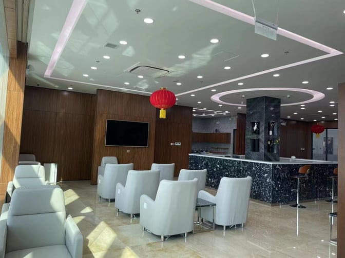 The International First Class Lounge at Shenyang Taoxian Airport features comfortable seating and a bar area with counter seating.