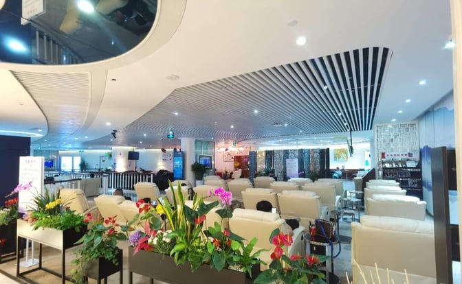 The China Southern No. 3 Lounge at Shenzhen Bao'an International Airport features comfortable seating with floral arrangements and a view of the terminal.