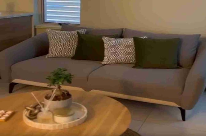 A seating area in the Softlanding Concierge Lounge features a sofa with decorative pillows and a nearby table with a plant.