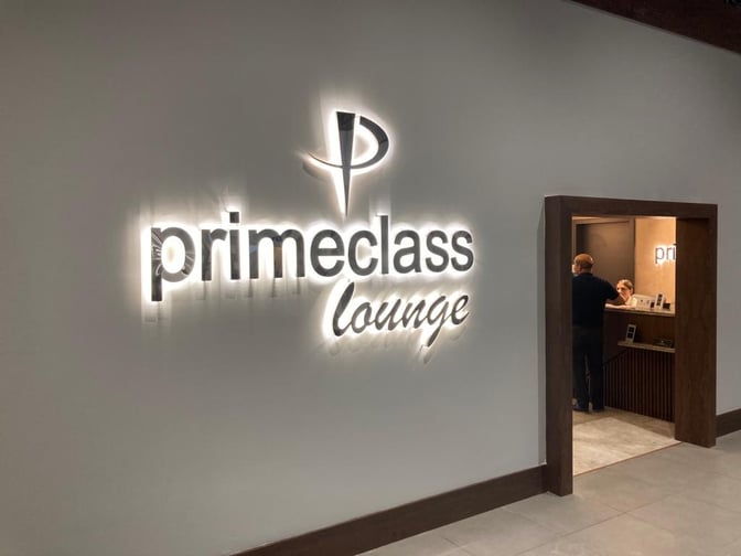 The entrance to the Primeclass Lounge at Skopje International Airport.