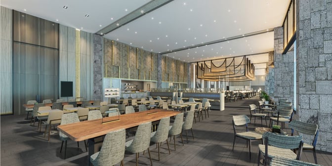 The Saphire Plaza Premium Lounge at Soekarno-Hatta International Airport features spacious seating areas with tables for dining and relaxation.