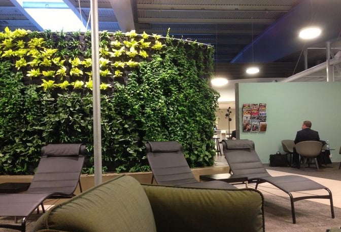 The Pearl Lounge at Stockholm Arlanda Airport features a vertical garden and lounge chairs for relaxation, with a magazine rack nearby.