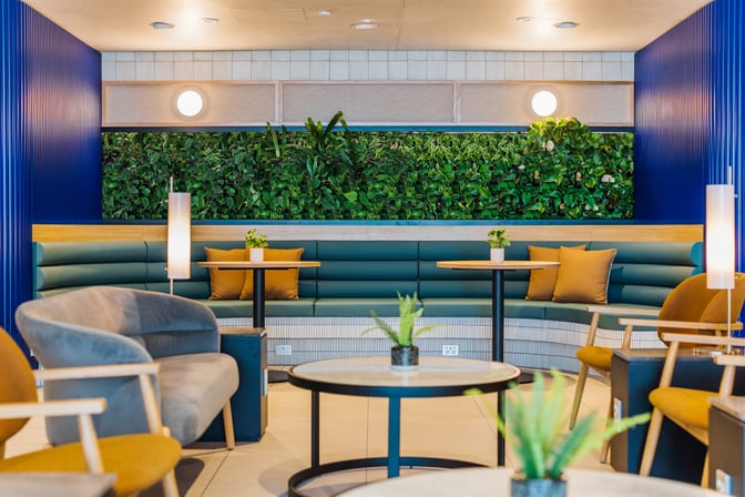 The SkyTeam Lounge at Sydney Airport features a seating area with cushioned benches, small tables, and a vertical garden backdrop.