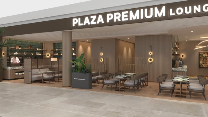 The Plaza Premium Lounge entrance at Techo International Airport features a seating area with tables and a visible food preparation counter.
