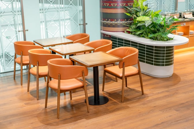 Seating area in SH Premium Lounge Tho Xuan features tables and chairs adjacent to a decorative plant display and buffet counter.
