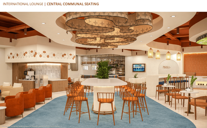 The O'Vetra International Lounge at Tiruchirappalli Airport features central communal seating with a bar area and coffee station.