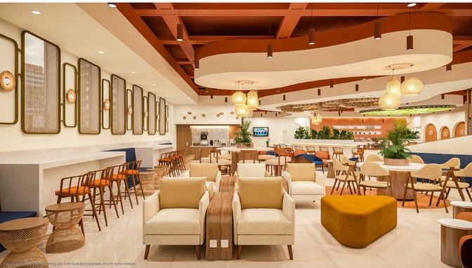 The O'Vetra International Lounge at Tiruchirappalli Airport features a seating area with armchairs, tables, and a self-serve beverage station.