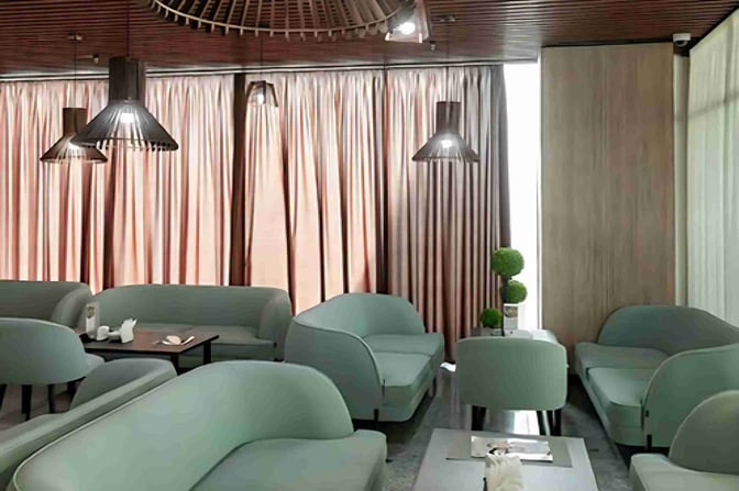 The seating area in the Oral Ak Zhol Airport Business Lounge features comfortable sofas and tables for passenger relaxation.