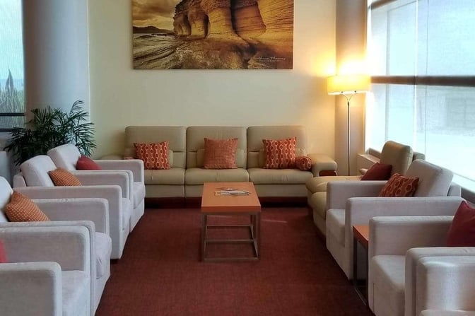 Seating area in the Executive Lounge at V. C. Bird International Airport features comfortable chairs and a central coffee table.
