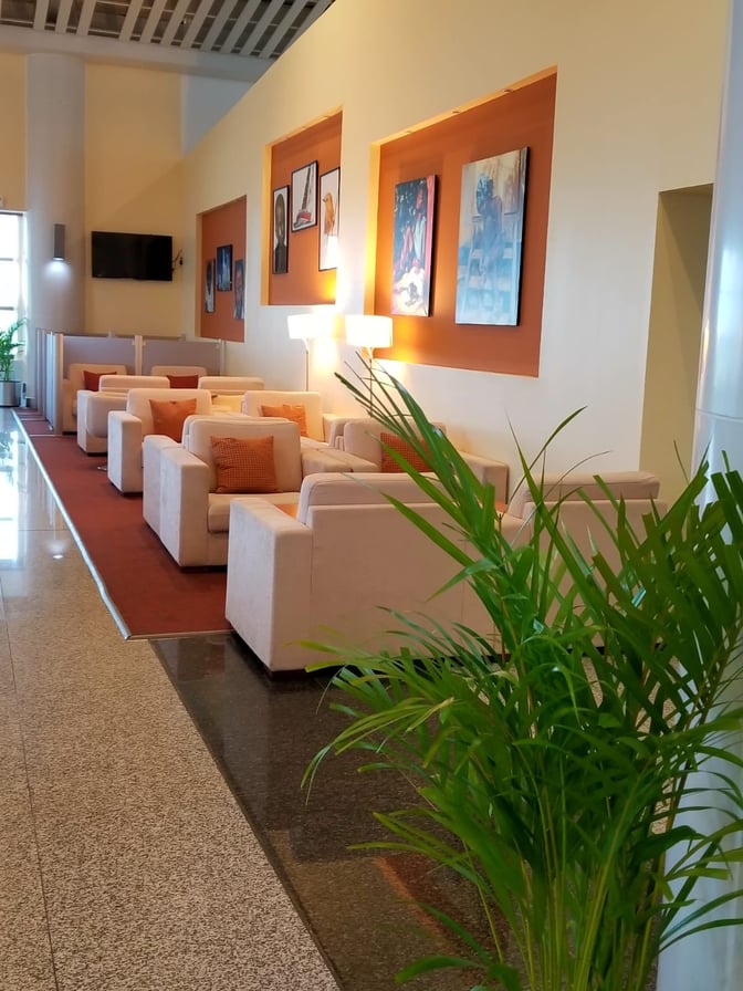 The Executive Lounge at V. C. Bird International Airport features a seating area with armchairs, artwork, and a television for relaxation.