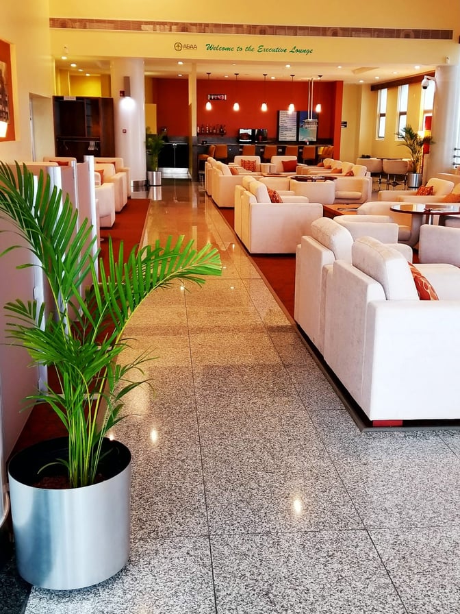 The Executive Lounge at V. C. Bird International Airport features comfortable seating areas and a bar with complimentary beverages.