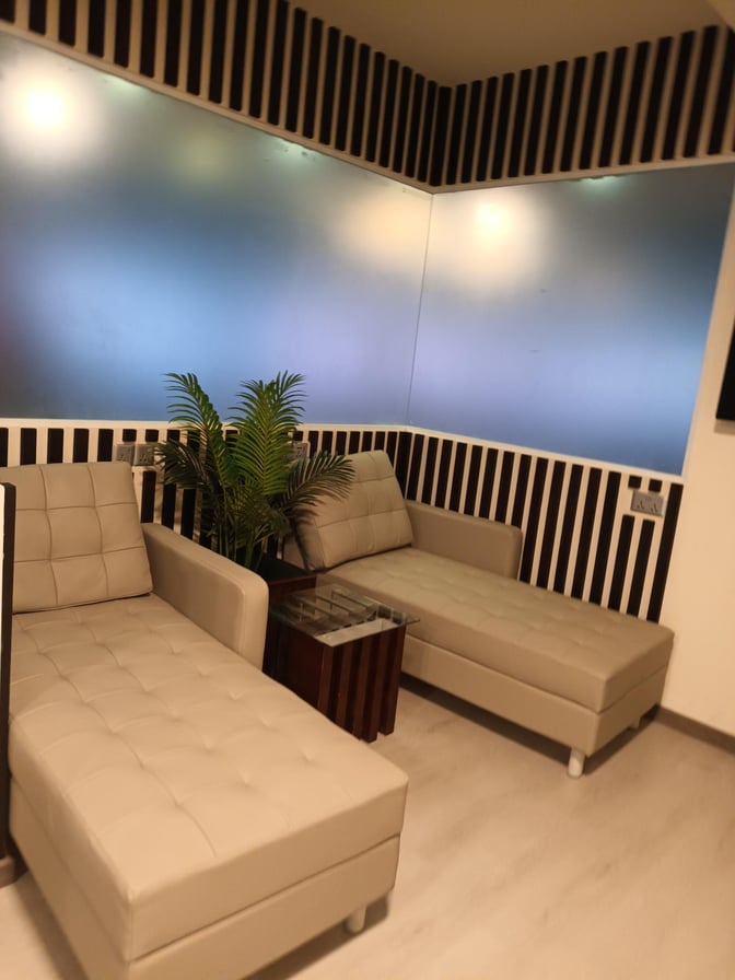 Seating area in Moonimaa Lounge at Velana International Airport features cushioned chairs and a central table with decorative plants.