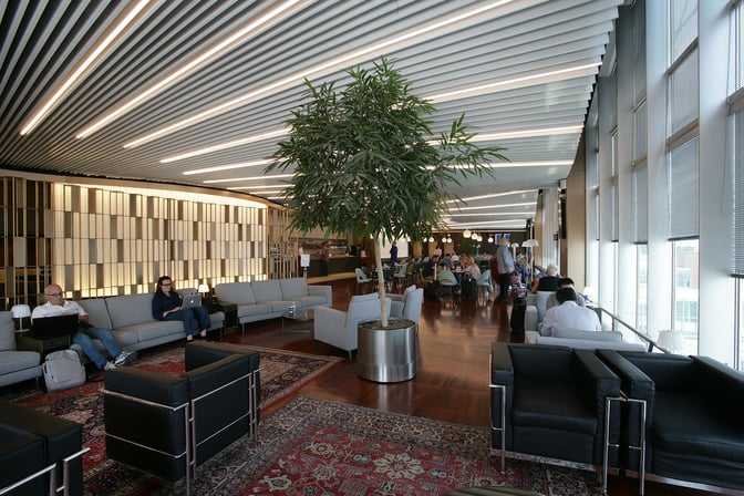 The Marco Polo Club lounge at Venice Airport features spacious seating areas with sofas and tables, accommodating travelers comfortably.