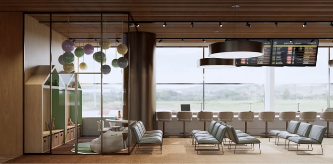 The BRT Lounge at Viracopos–Campinas International Airport features a children's play area and seating with views of the runway.