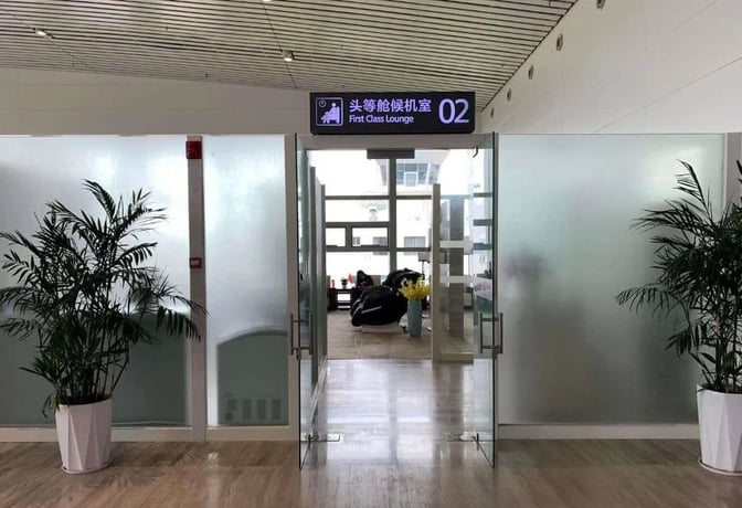 The entrance to First Class Lounge 02 at Xingyi Wanfenglin Airport features frosted glass doors and potted plants.