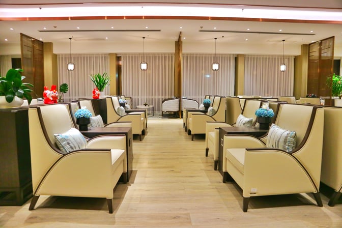 The seating area in the No. 1 VIP Lounge Landside at Zhangjiajie Hehua Airport features comfortable armchairs with side tables and decorative plants.