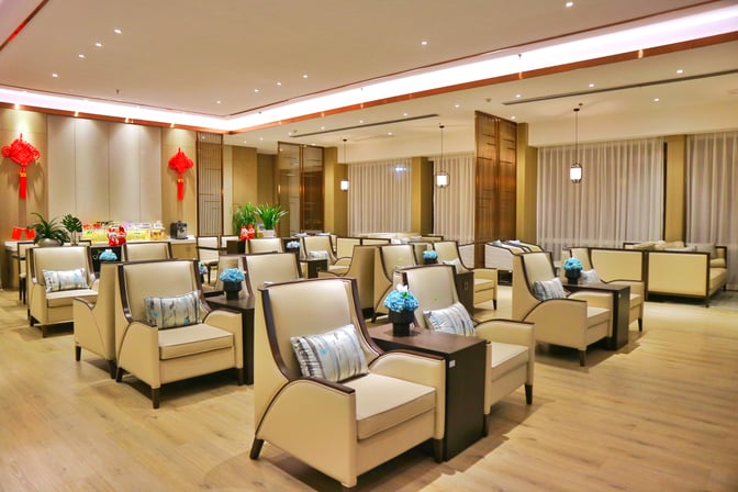The seating area in the No. 1 VIP Lounge Landside at Zhangjiajie Hehua Airport features comfortable chairs and tables for passenger relaxation.